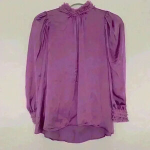 ZARA- Satin Purple long sleeve mock neck ruffles Blouse Sz XS NWOT
